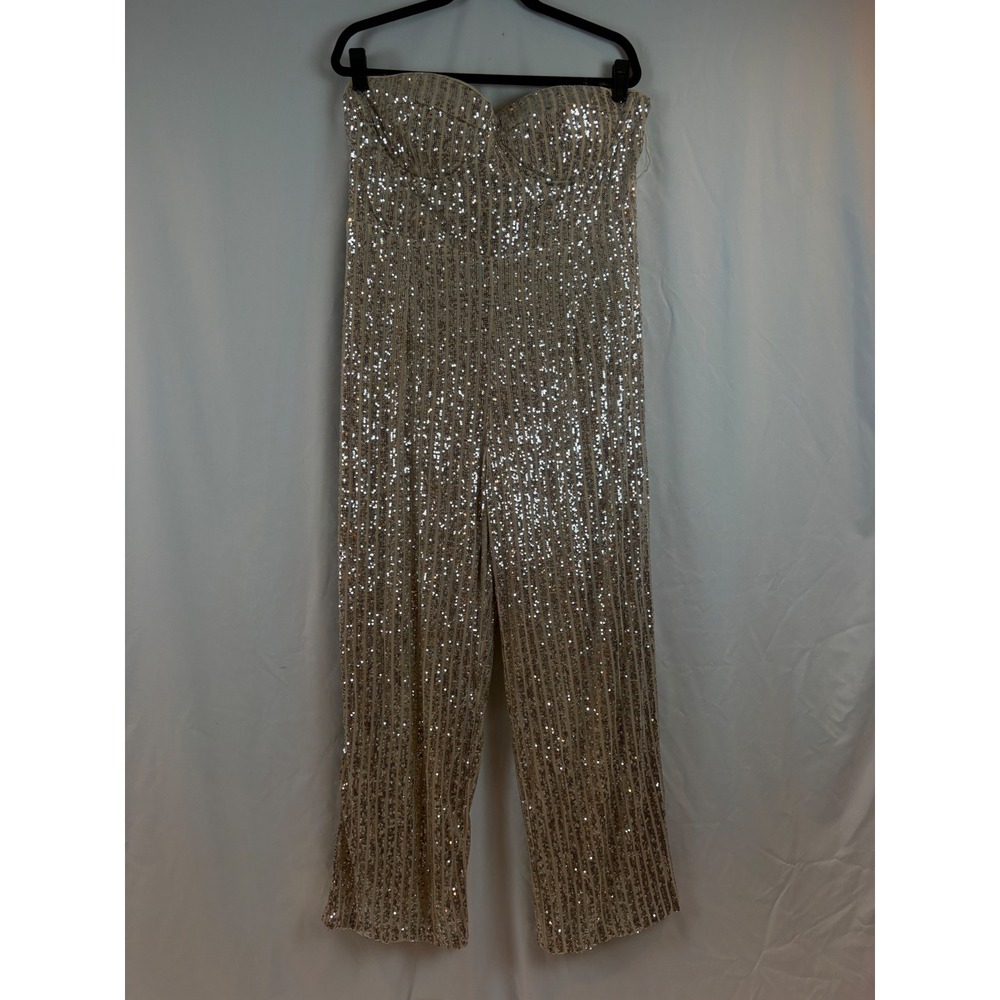 Giffniseti Womens 2XL Strapless Sequin Jumpsuit Wide Leg Champagne Silver Gold